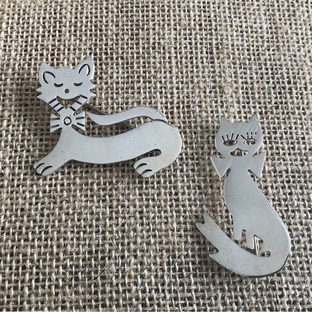 Bundle 2 Vintage sterling silver cats brooch/pin Taxco Mexico, 925 pin 26g
